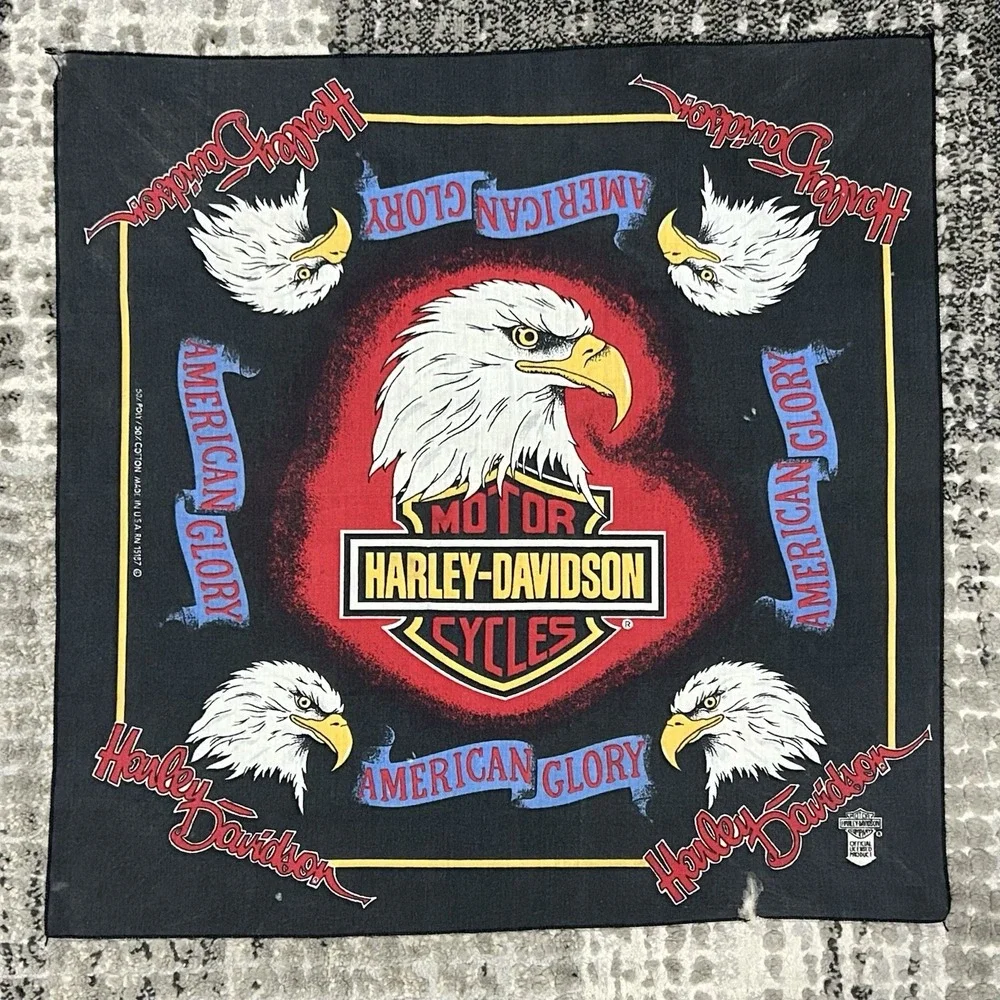 Vintage Harley Davidson Bandana 90s Made In USA Bald‎ Eagle Graphic Handkerchief